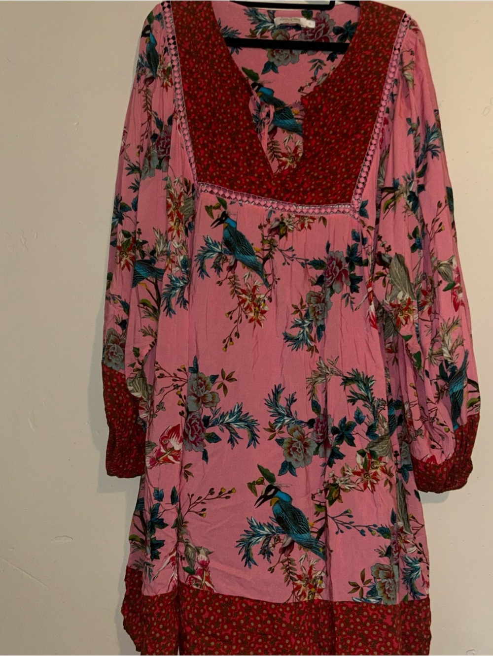 Johnny Was Malakye Long-Sleeve Coverup Dress Pink Red Floral Tunic Boho Beach XL